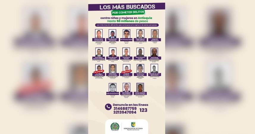 Cartel de los más buscados en Antioquia por delitos contra niñas y mujeres. /FOTO: X@AndresJRendonC