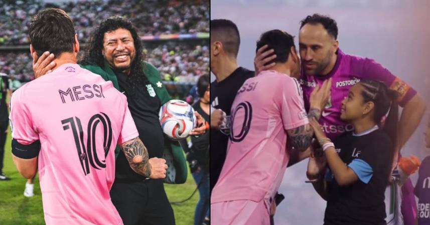 Messi y René Higuita (der.) tuvieron un emotivo encuentro en el que hubo hasta el escorpión. Además, se vio un abrazo ya esperado por el continente, David Ospina y Messi, más que colegas. FOTOS: NACIONAL Y DSPORTS.