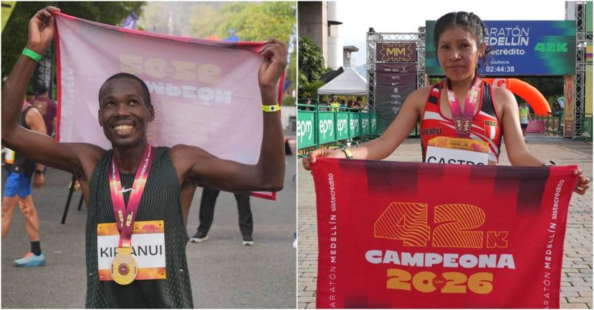 El keniano Kiptanui y la peruana Deisy Castro fueron los ganadores de la Maratón Medellín 2026. FOTO: @FRAFER143 
