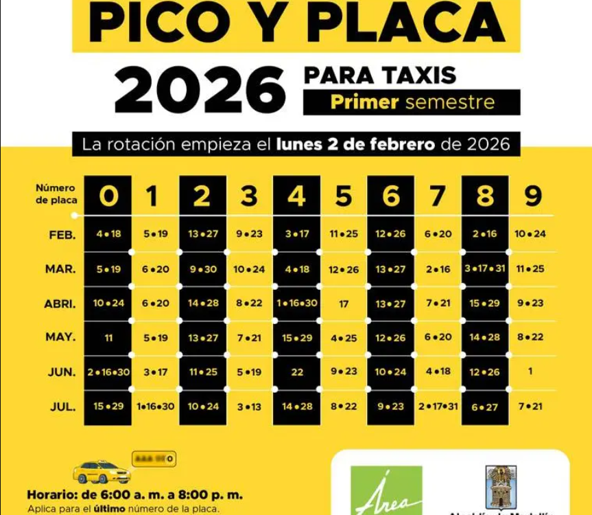 Esta es la rotación del pico y placa de los taxis en el primer trimestre de 2026. FOTO: ALCALDÍA DE MEDELLÍN