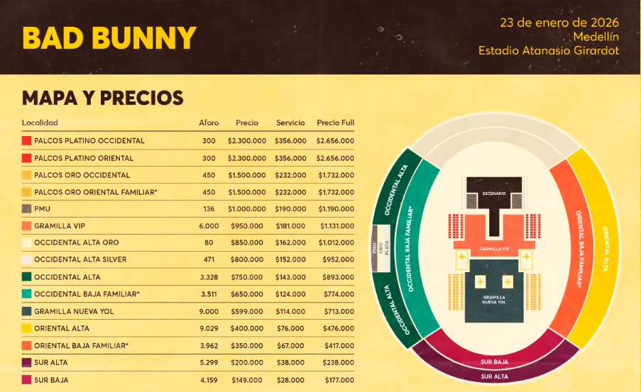 Mapa ilustrativo del concierto de Bad Bunny en Medellín. <b><span class=mln_small-caps_mln>/FOTO: TICKETMASTER</span></b>