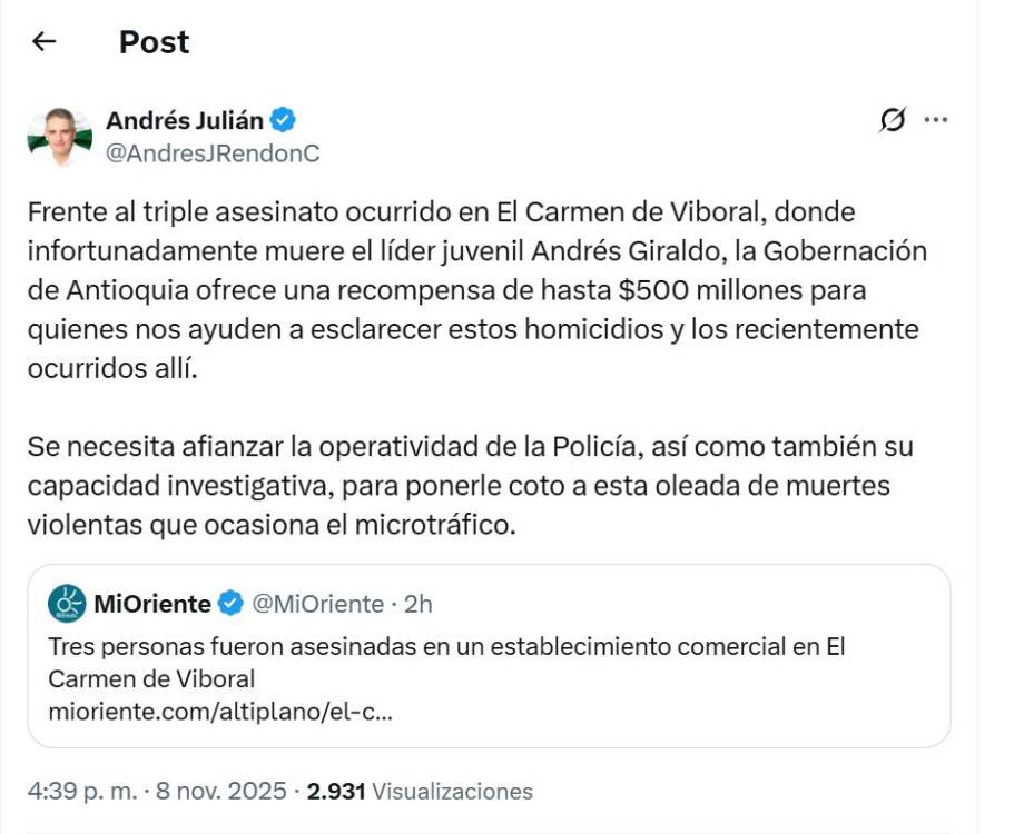 Publicación del gobernador de Antioquia, Andrés Julián Rendón en su cuenta de X. <b><span class=mln_small-caps_mln>/FOTO: CAPTURA DE PANTALLA</span></b>