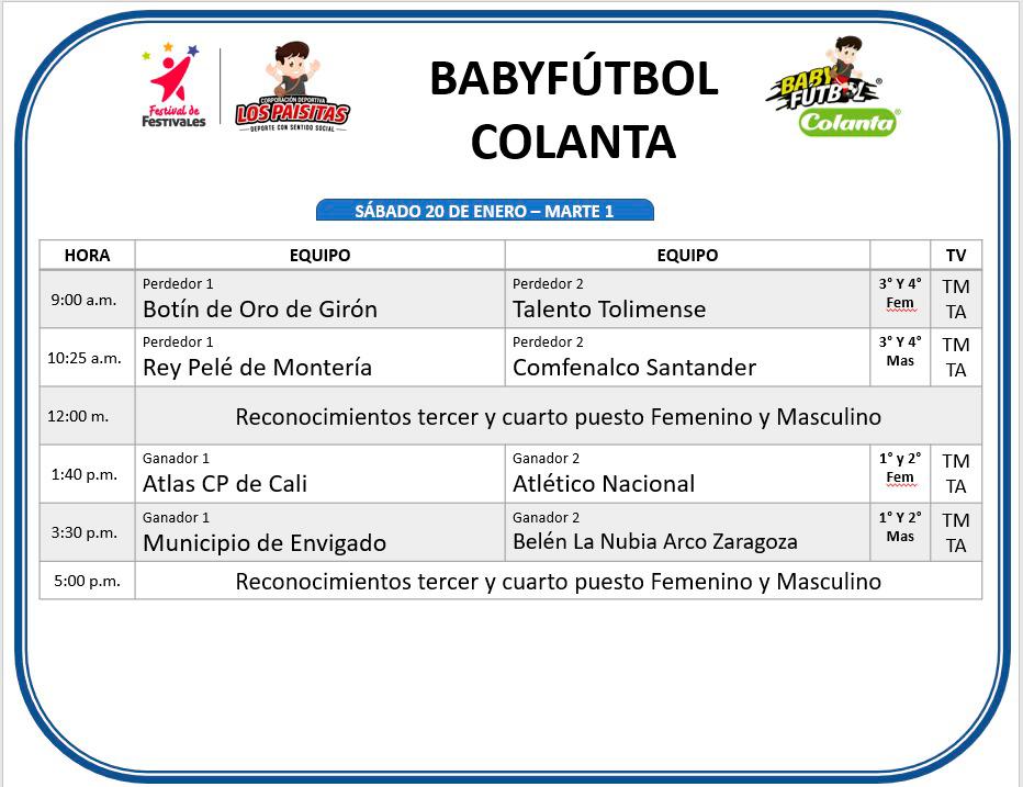 $!Programación de las finales del Babyfútbol Colanta. /FOTO: CORTESÍA