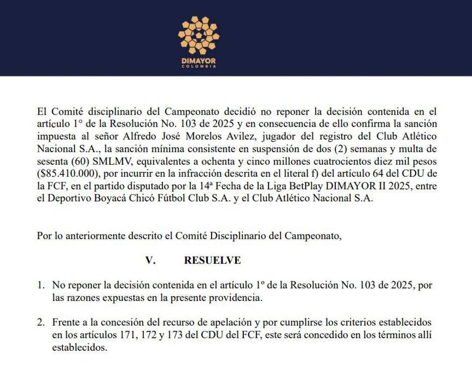 Dimayor suspendió sanción a Morelos y podrá jugar el clásico