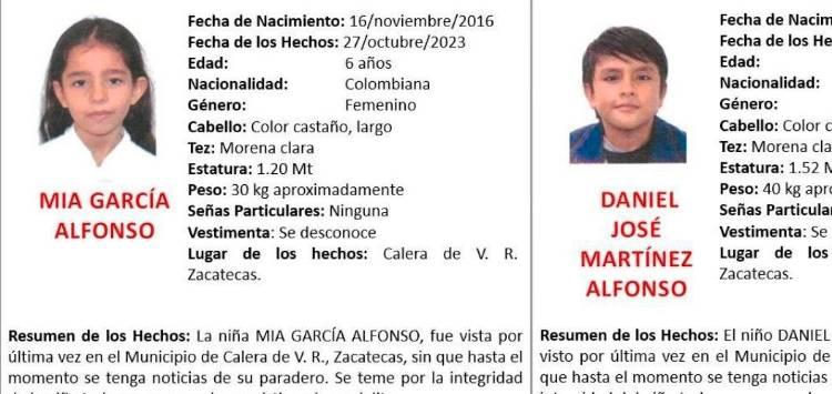 Ficha de búsqueda de los menores de 6 y 11 años desaparecidos. /FOTO: FISCALÍA DE ZACATECAS.
