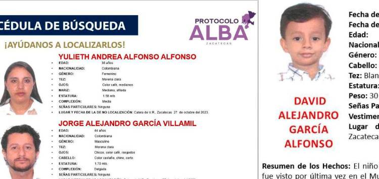 Esta es la ficha de búsqueda de los padres y el integrante más pequeño de la familia. /FOTOS: FISCALÍA DE ZACATECAS