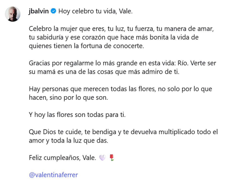 J Balvin se pronunció en sus redes con esta dedicatoria a Valentina. FOTO: INSTAGRAM @JBALVIN