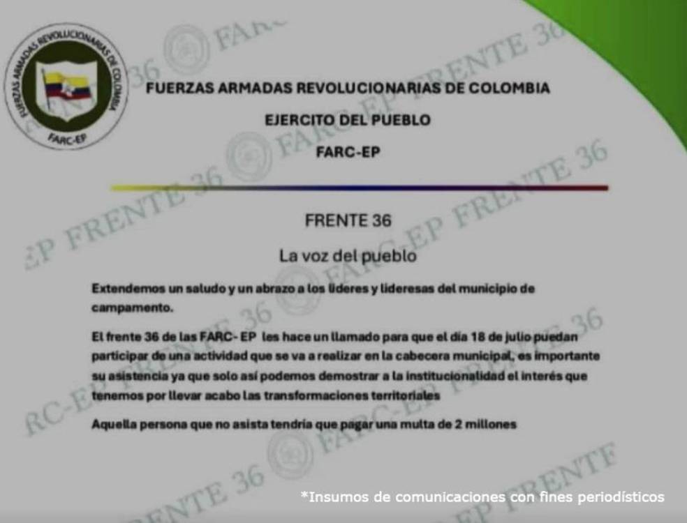 Unos de los panfletos difundido por el frente 36 de las disidencias de las Farc. <b><span class=mln_small-caps_mln>/FOTO: FISCALÍA</span></b>