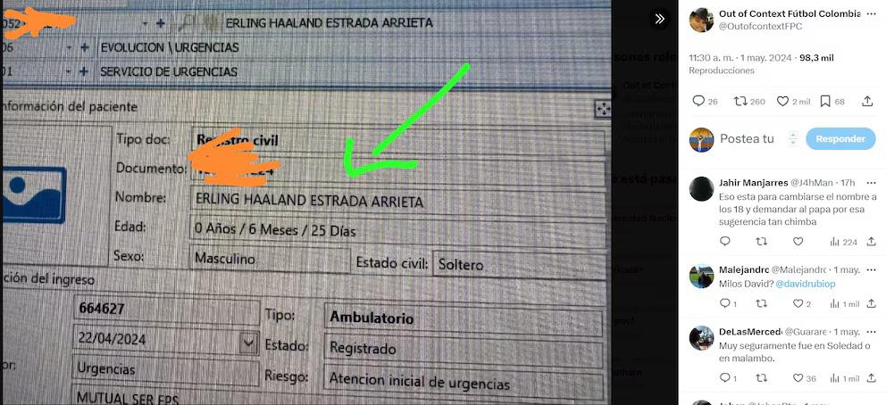 Registro en servicio de urgencias de Erling Haaland Estrada Arrieta. FOTO: TOMADA DE INFOBAE COLOMBIA