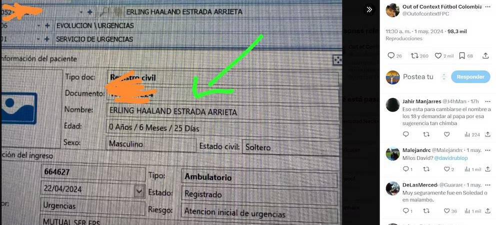 Registro en servicio de urgencias de Erling Haaland Estrada Arrieta. FOTO: TOMADA DE INFOBAE COLOMBIA